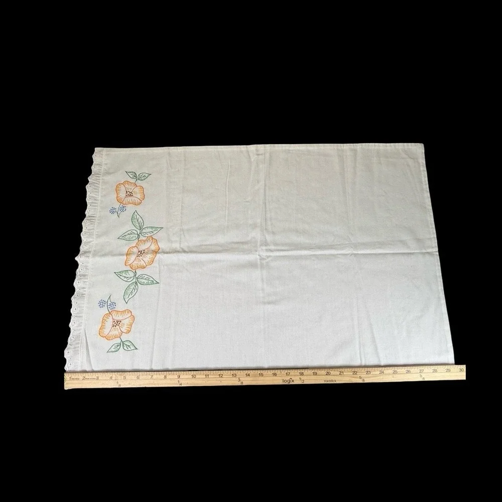 Vintage Hand Embroidered Pillowcase Pair Floral Flowers Eyelet Scalloped Trim